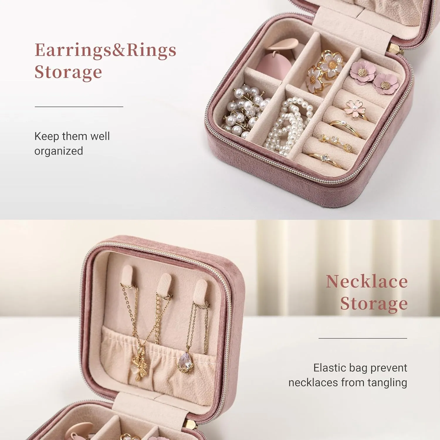 CASEGRACE Travel Jewelry Case, Plush Velvet Jewelry Box Small Jewelry Travel Organizer Display Rings Necklace Bracelet Earrings Storage Case for Women Girls, Pink