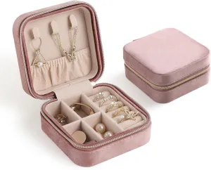 CASEGRACE Travel Jewelry Case, Plush Velvet Jewelry Box Small Jewelry Travel Organizer Display Rings Necklace Bracelet Earrings Storage Case for Women Girls, Pink