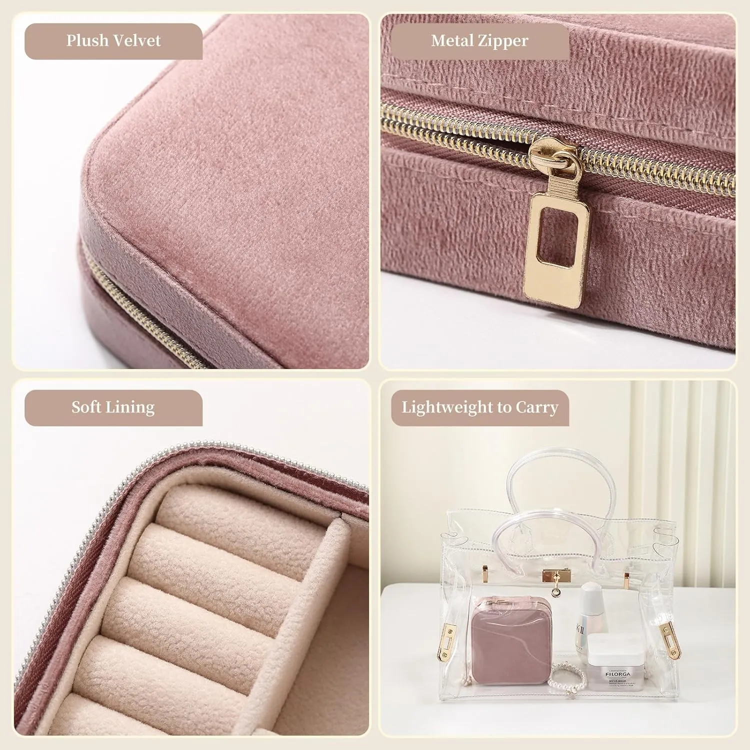CASEGRACE Travel Jewelry Case, Plush Velvet Jewelry Box Small Jewelry Travel Organizer Display Rings Necklace Bracelet Earrings Storage Case for Women Girls, Pink