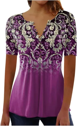 Casual Dressy Tops for Women Vintage Short Sleeve Empire Waist Button Down Shirts Summer Floral Print Bohemian Blouse