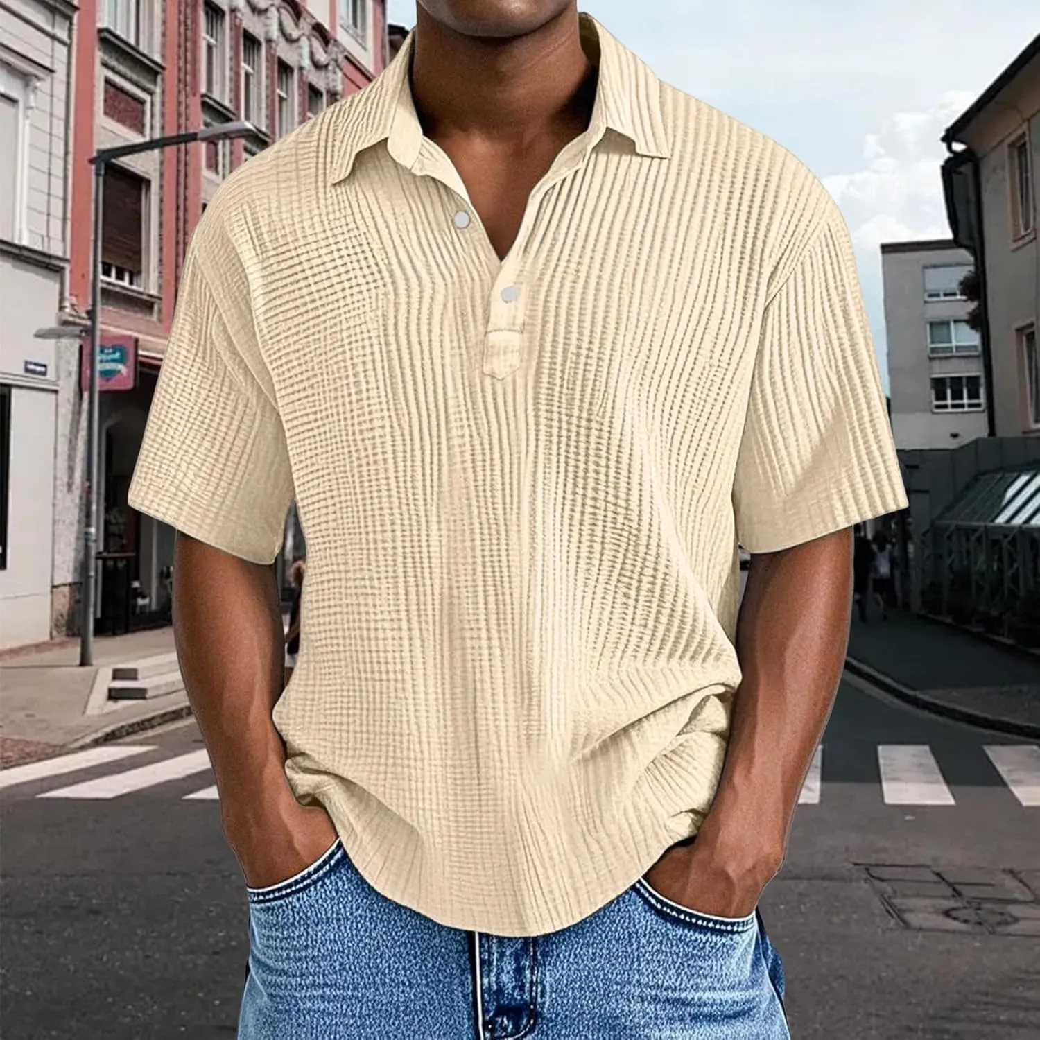 Casual Polo Shirts for Men Classic Pleated Textured Tops Summer Moisture Wicking Quick Dry Shirts Button Lapel Tops