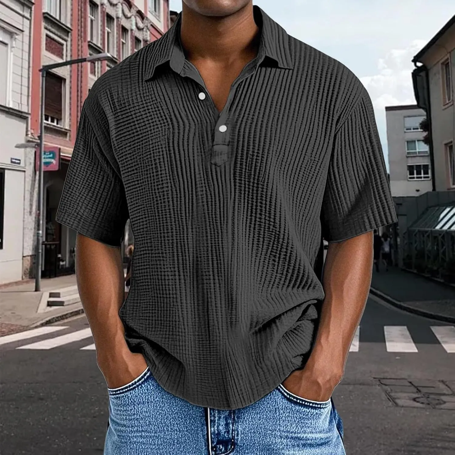 Casual Polo Shirts for Men Classic Pleated Textured Tops Summer Moisture Wicking Quick Dry Shirts Button Lapel Tops