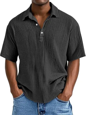 Casual Polo Shirts for Men Classic Pleated Textured Tops Summer Moisture Wicking Quick Dry Shirts Button Lapel Tops
