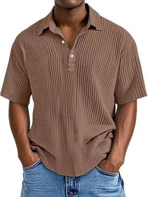 Casual Polo Shirts for Men Classic Pleated Textured Tops Summer Moisture Wicking Quick Dry Shirts Button Lapel Tops