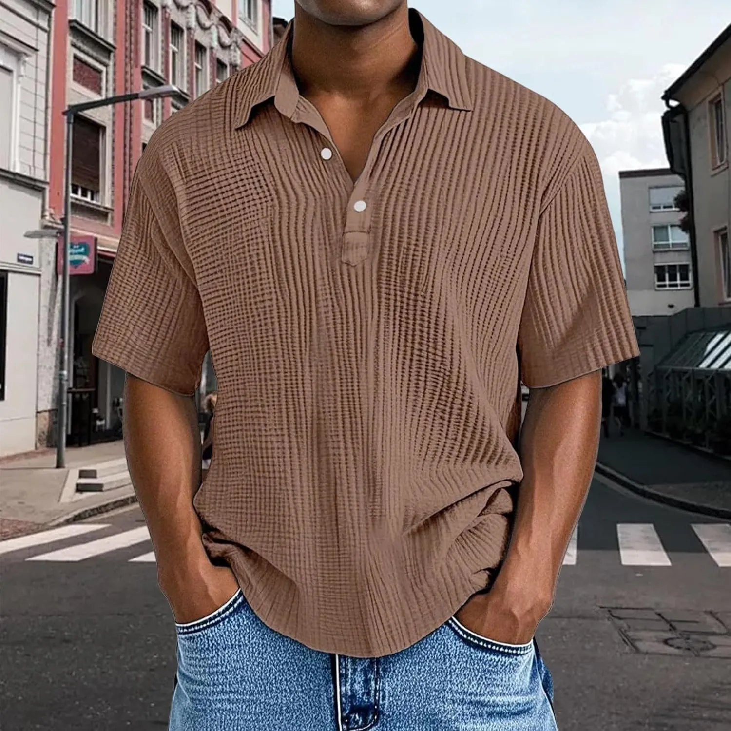 Casual Polo Shirts for Men Classic Pleated Textured Tops Summer Moisture Wicking Quick Dry Shirts Button Lapel Tops