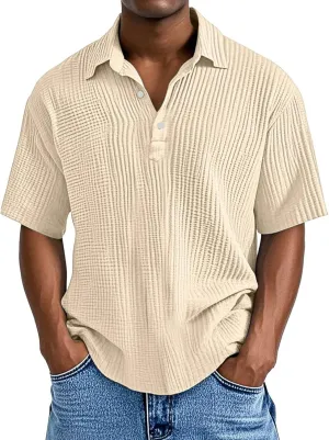 Casual Polo Shirts for Men Classic Pleated Textured Tops Summer Moisture Wicking Quick Dry Shirts Button Lapel Tops