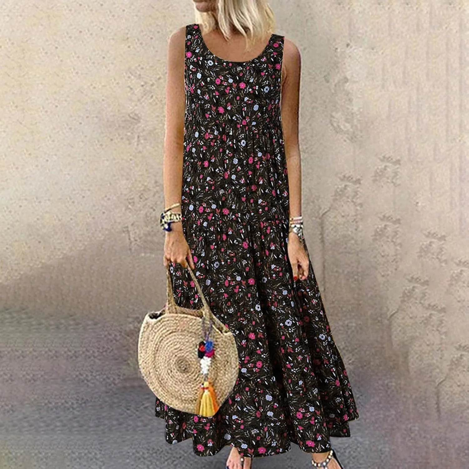 Ceboyel Women Boho Floral Maxi Dresses Flowy Tank Dress Sleeveless Smocked Sundresses Trendy Casual Beach Long Sun Dress