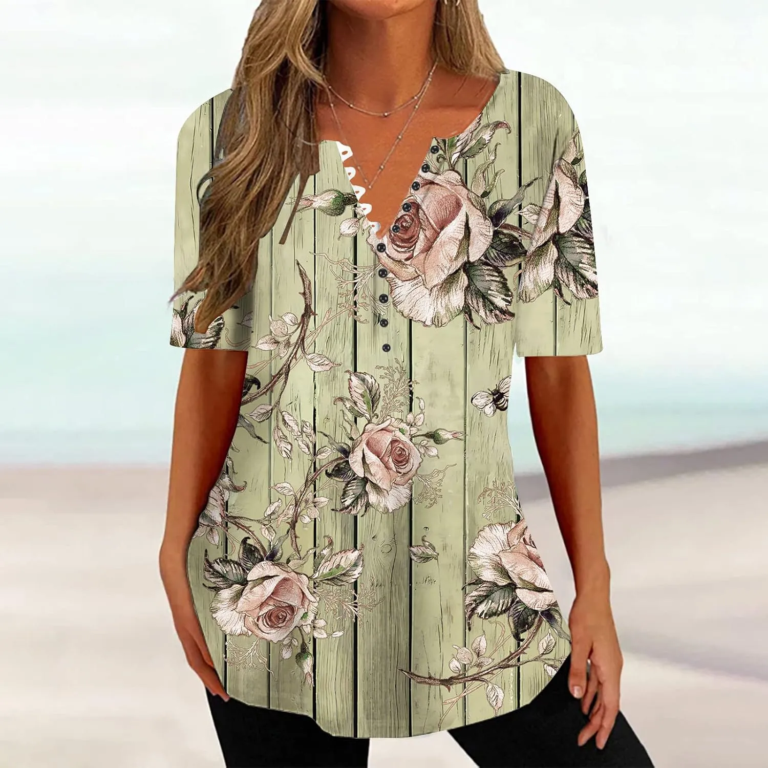Ceboyel Women Floral Print Henley Shirts Button Down V Neck Sexy Causal Tops Short Sleeve Tunic Blouses Dressy Ladies Outfits