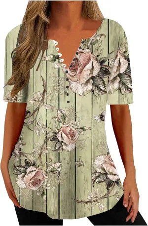 Ceboyel Women Floral Print Henley Shirts Button Down V Neck Sexy Causal Tops Short Sleeve Tunic Blouses Dressy Ladies Outfits