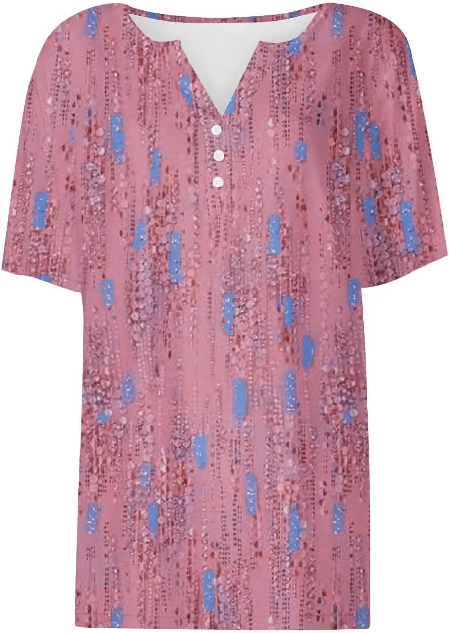 Ceboyel Womens Floral Print Summer Tops 2024 Dressy Causal Blouses Short Sleeve Henley Shirts Trendy Ladies Clothes