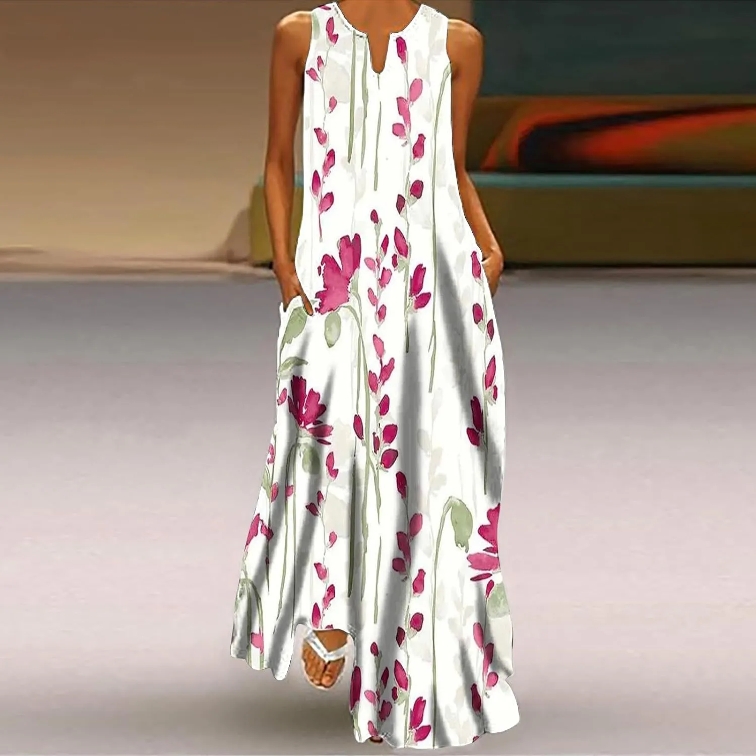 Ceboyel Womens Floral Summer Maxi Dress Flowy Casual Sundress Sleeveless Long Dresses Trendy Boho Ladies Clothing 2023
