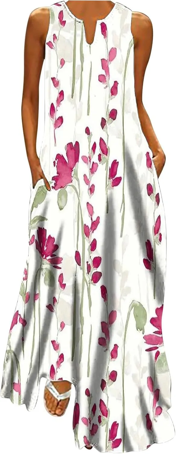 Ceboyel Womens Floral Summer Maxi Dress Flowy Casual Sundress Sleeveless Long Dresses Trendy Boho Ladies Clothing 2023