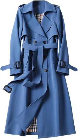 CHARTOU Women Double Breasted Mid Long Trench Coat with Belt Lightweight Windbreaker Long Duster Trenchcoat (Large,Blue)