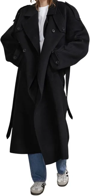 CHARTOU Women Vintage Double-Breasted Wool Coat Notch Lapel Tweed Long Trench Coat Windproof Belted Overcoat
