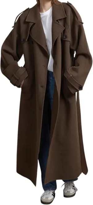 CHARTOU Women Vintage Double-Breasted Wool Coat Notch Lapel Tweed Long Trench Coat Windproof Belted Overcoat
