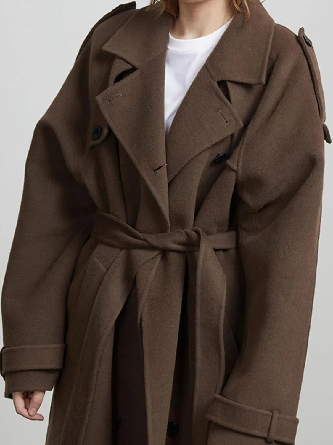 CHARTOU Women Vintage Double-Breasted Wool Coat Notch Lapel Tweed Long Trench Coat Windproof Belted Overcoat
