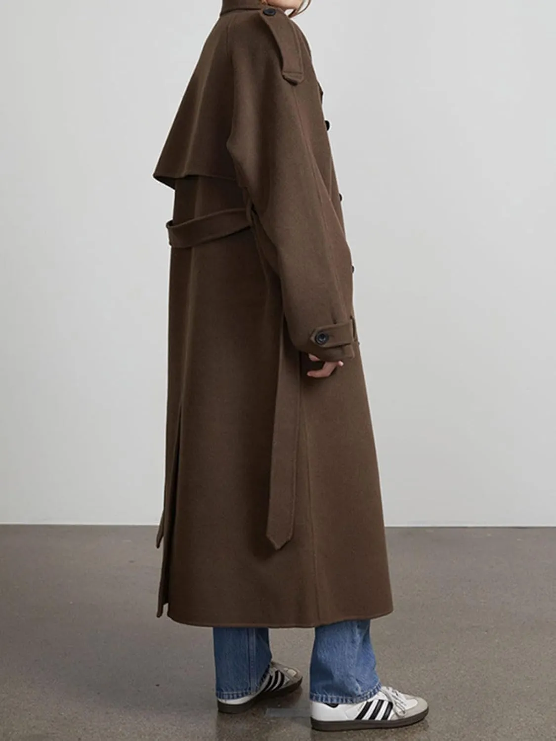 CHARTOU Women Vintage Double-Breasted Wool Coat Notch Lapel Tweed Long Trench Coat Windproof Belted Overcoat