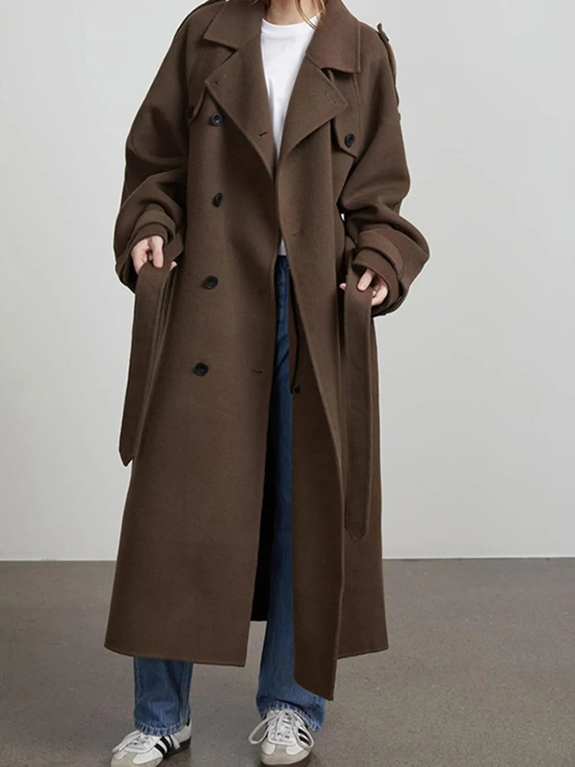 CHARTOU Women Vintage Double-Breasted Wool Coat Notch Lapel Tweed Long Trench Coat Windproof Belted Overcoat