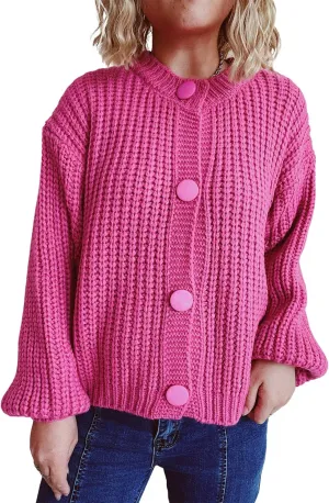 CHARTOU Women's Cable Knit Crop Button Up Sweater Short Chunky Open Front Cardigan Long Sleeve Outfits Fall