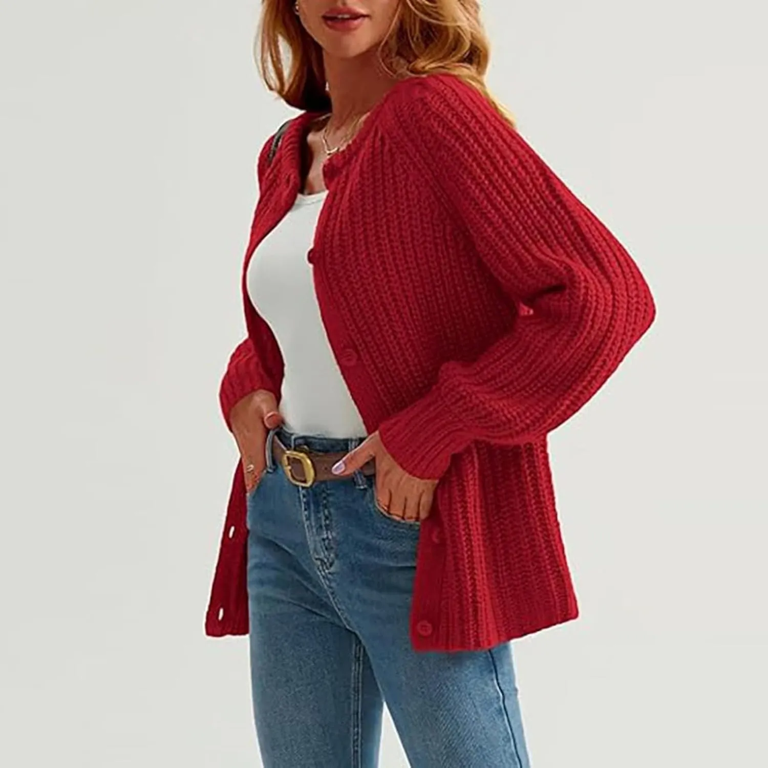 Chunky Sweaters for Women Long Lantern Sleeve Cable Knit Cardigans Sweater Button Down Slouchy Sweaters Outerwear