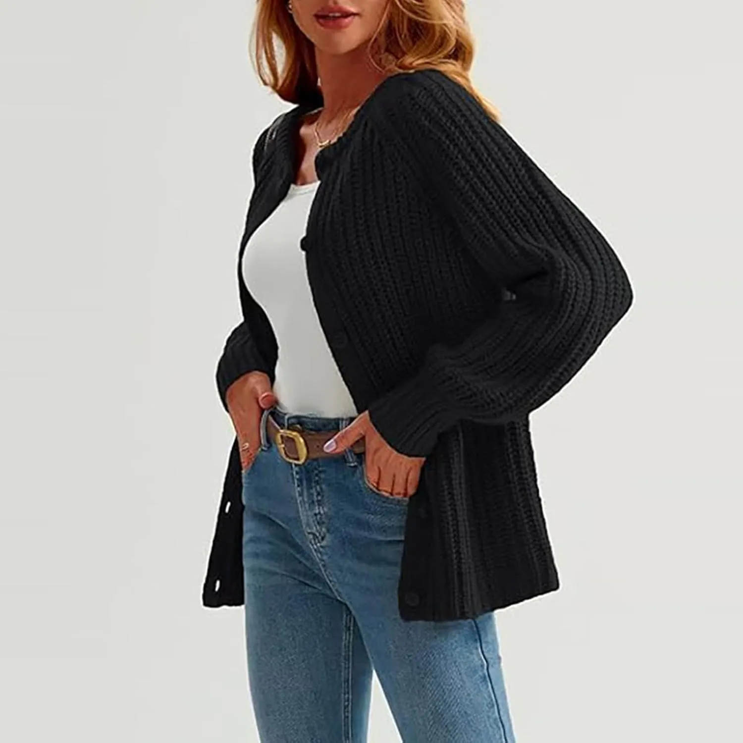 Chunky Sweaters for Women Long Lantern Sleeve Cable Knit Cardigans Sweater Button Down Slouchy Sweaters Outerwear
