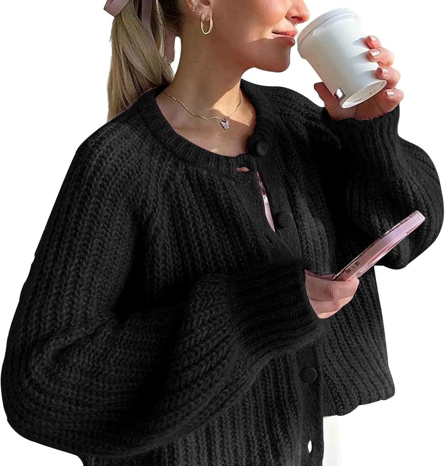 Chunky Sweaters for Women Long Lantern Sleeve Cable Knit Cardigans Sweater Button Down Slouchy Sweaters Outerwear