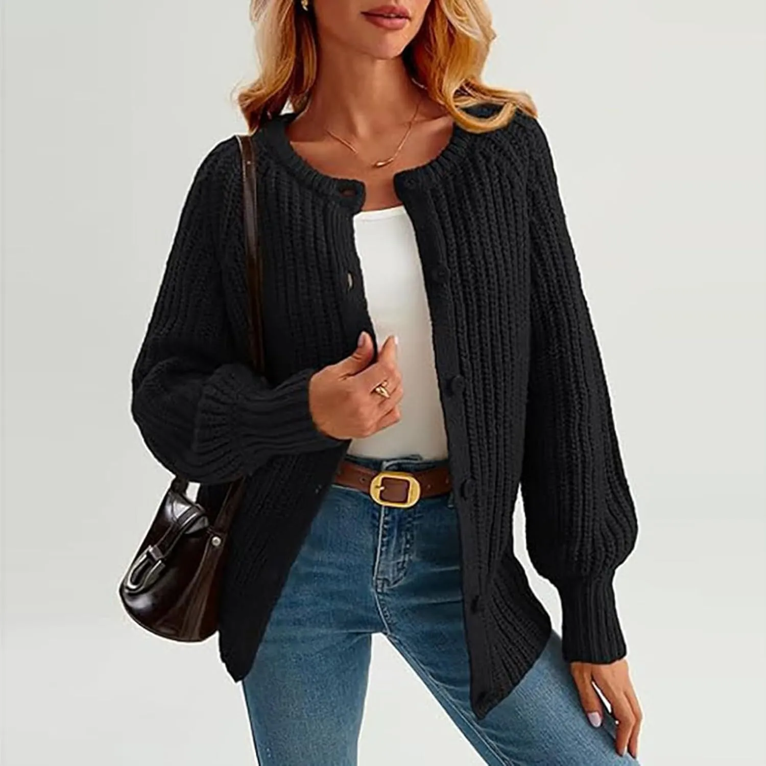 Chunky Sweaters for Women Long Lantern Sleeve Cable Knit Cardigans Sweater Button Down Slouchy Sweaters Outerwear