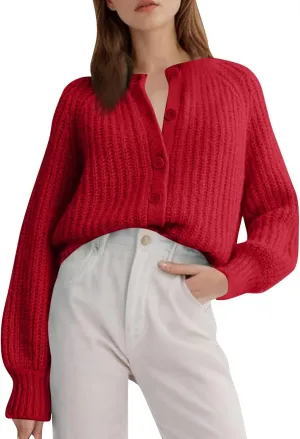 Chunky Sweaters for Women Long Lantern Sleeve Cable Knit Cardigans Sweater Button Down Slouchy Sweaters Outerwear