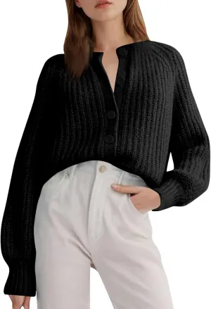 Chunky Sweaters for Women Long Lantern Sleeve Cable Knit Cardigans Sweater Button Down Slouchy Sweaters Outerwear