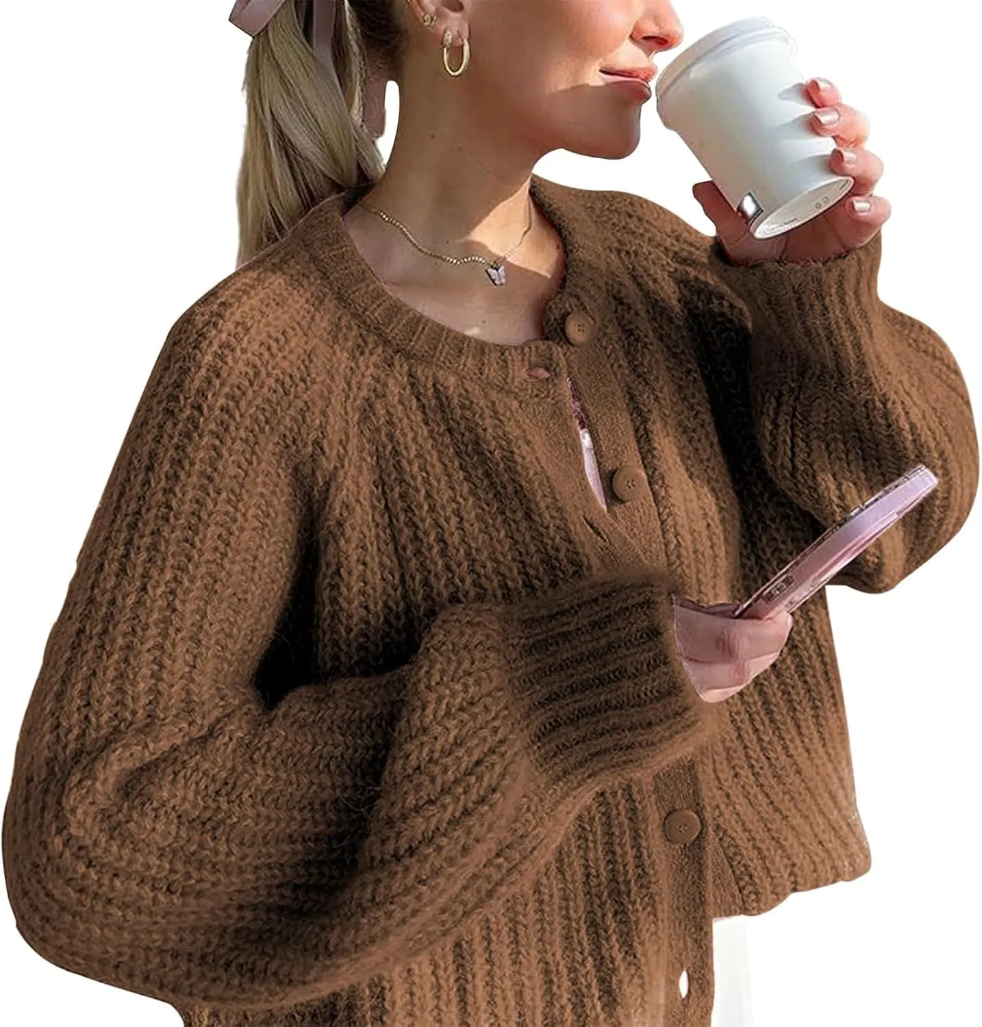 Chunky Sweaters for Women Long Lantern Sleeve Cable Knit Cardigans Sweater Button Down Slouchy Sweaters Outerwear