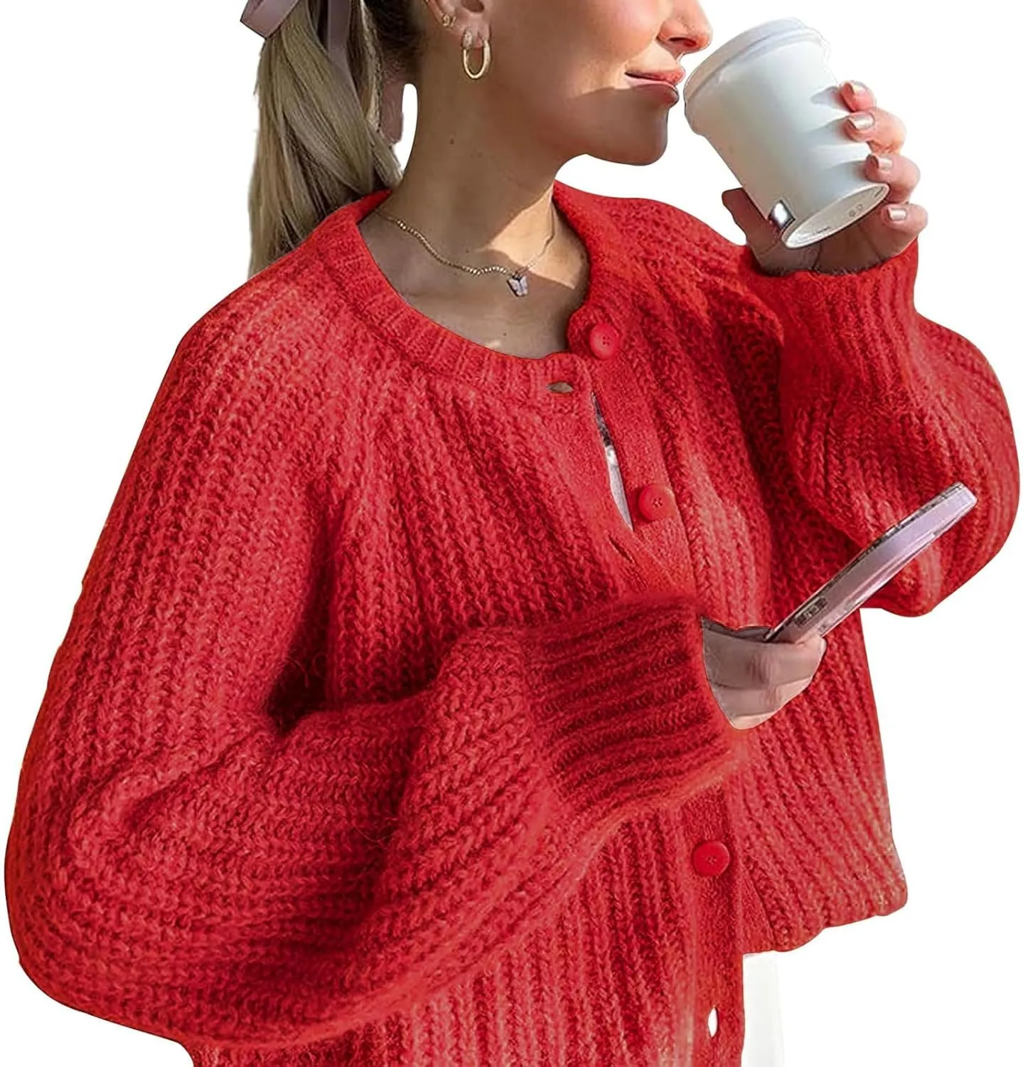 Chunky Sweaters for Women Long Lantern Sleeve Cable Knit Cardigans Sweater Button Down Slouchy Sweaters Outerwear