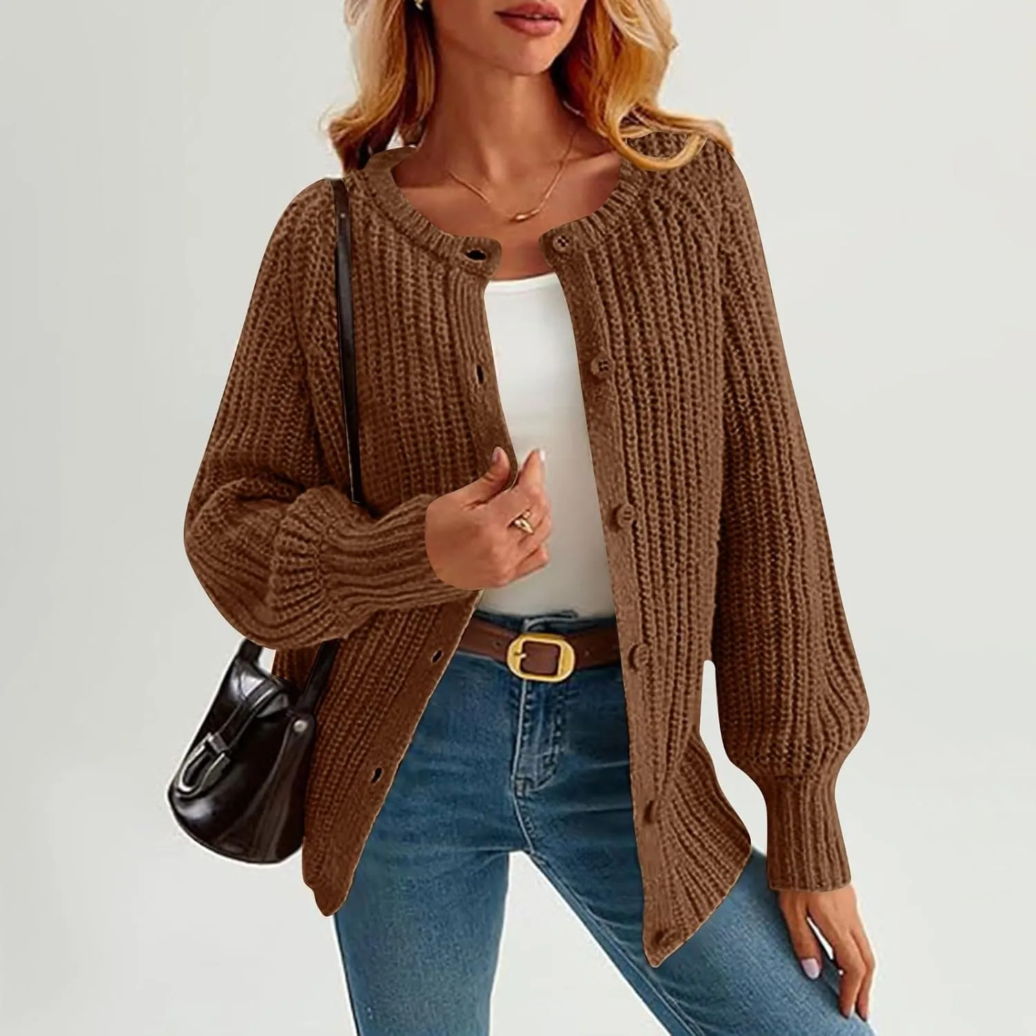 Chunky Sweaters for Women Long Lantern Sleeve Cable Knit Cardigans Sweater Button Down Slouchy Sweaters Outerwear