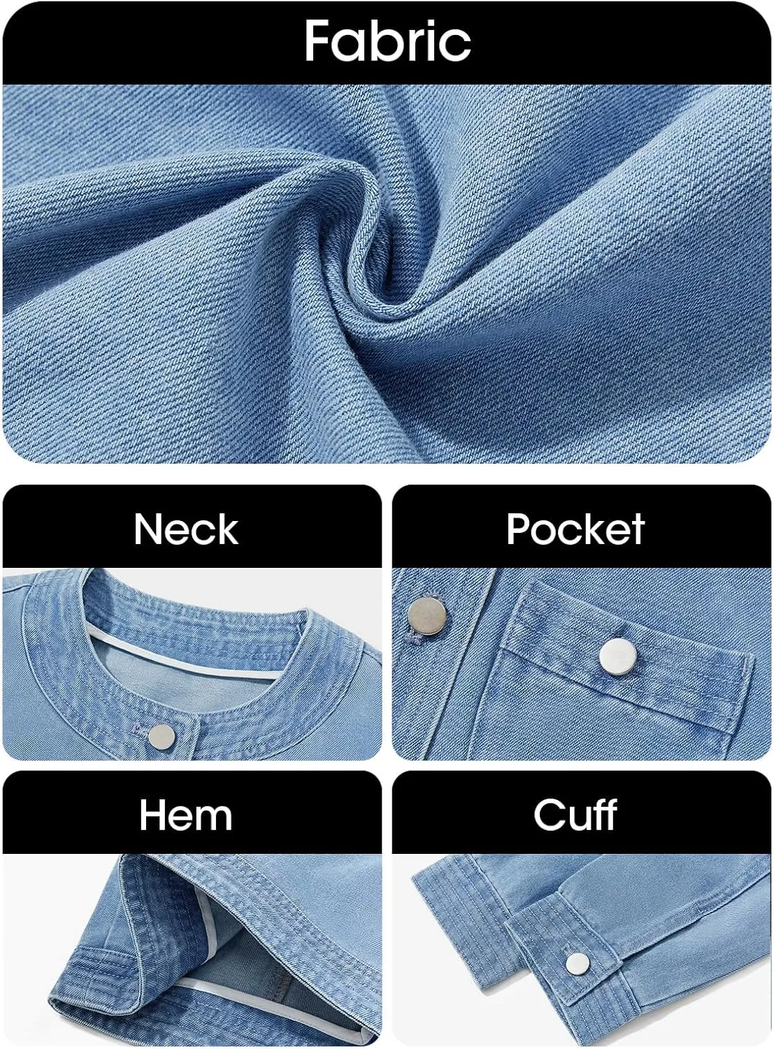 Cicy Bell Womens Cropped Denim Jackets Shirts Dressy Casual Shackets Collarless Button Down Long Sleeve Jean Coats