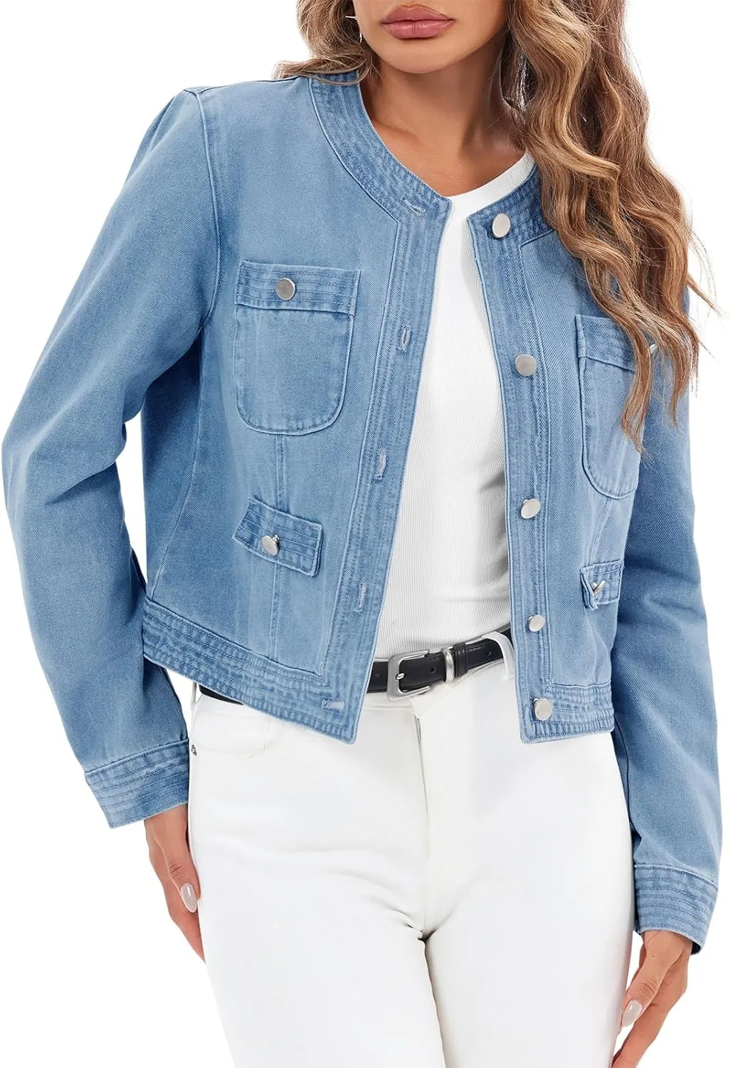 Cicy Bell Womens Cropped Denim Jackets Shirts Dressy Casual Shackets Collarless Button Down Long Sleeve Jean Coats