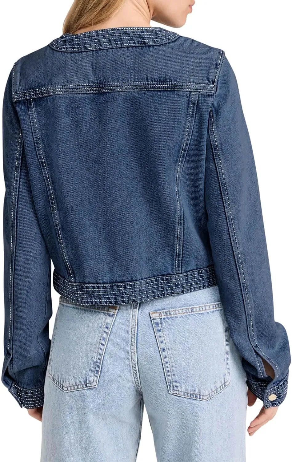 Cicy Bell Womens Cropped Denim Jackets Shirts Dressy Casual Shackets Collarless Button Down Long Sleeve Jean Coats