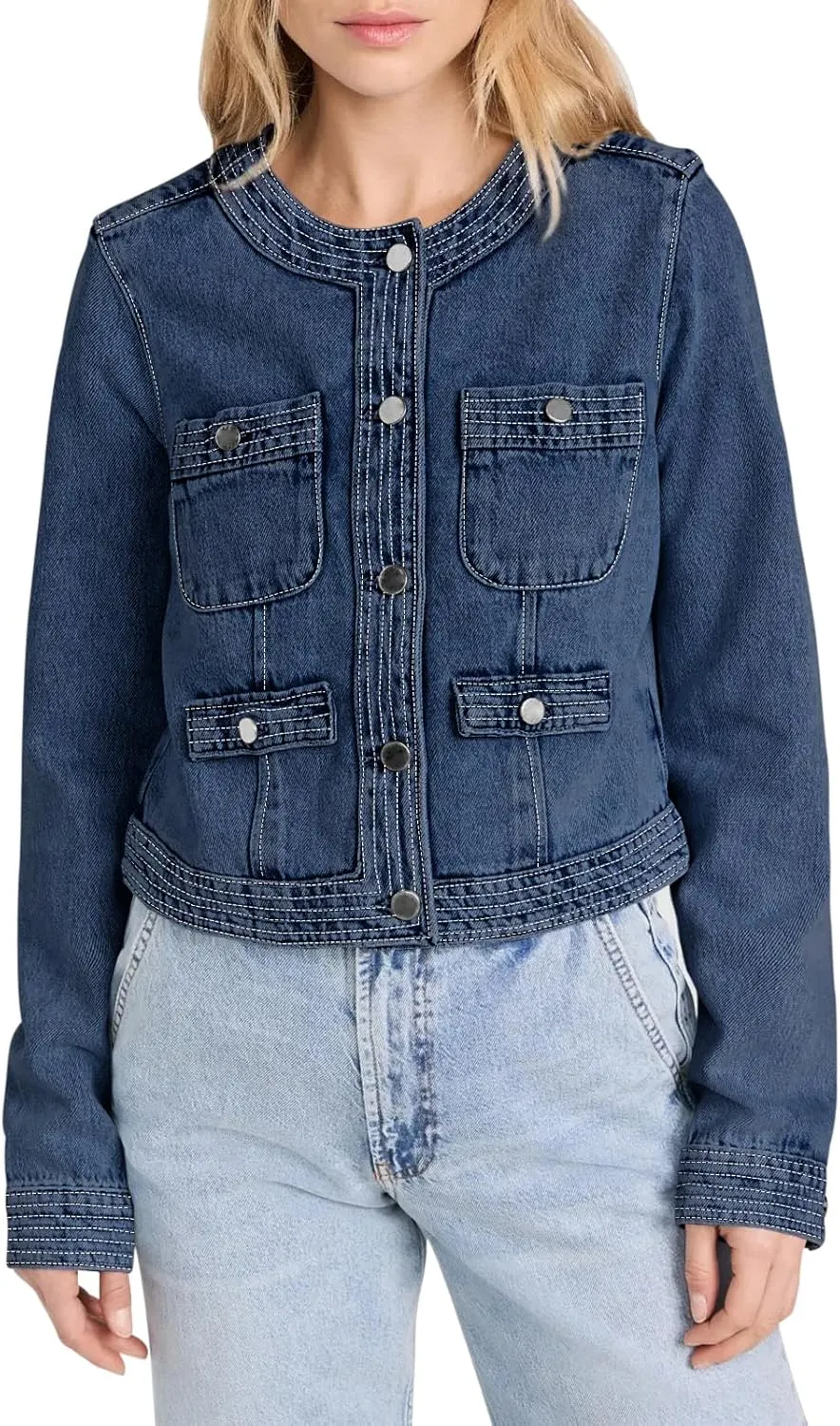 Cicy Bell Womens Cropped Denim Jackets Shirts Dressy Casual Shackets Collarless Button Down Long Sleeve Jean Coats