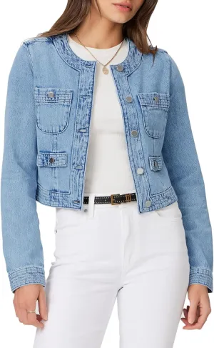 Cicy Bell Womens Cropped Denim Jackets Shirts Dressy Casual Shackets Collarless Button Down Long Sleeve Jean Coats