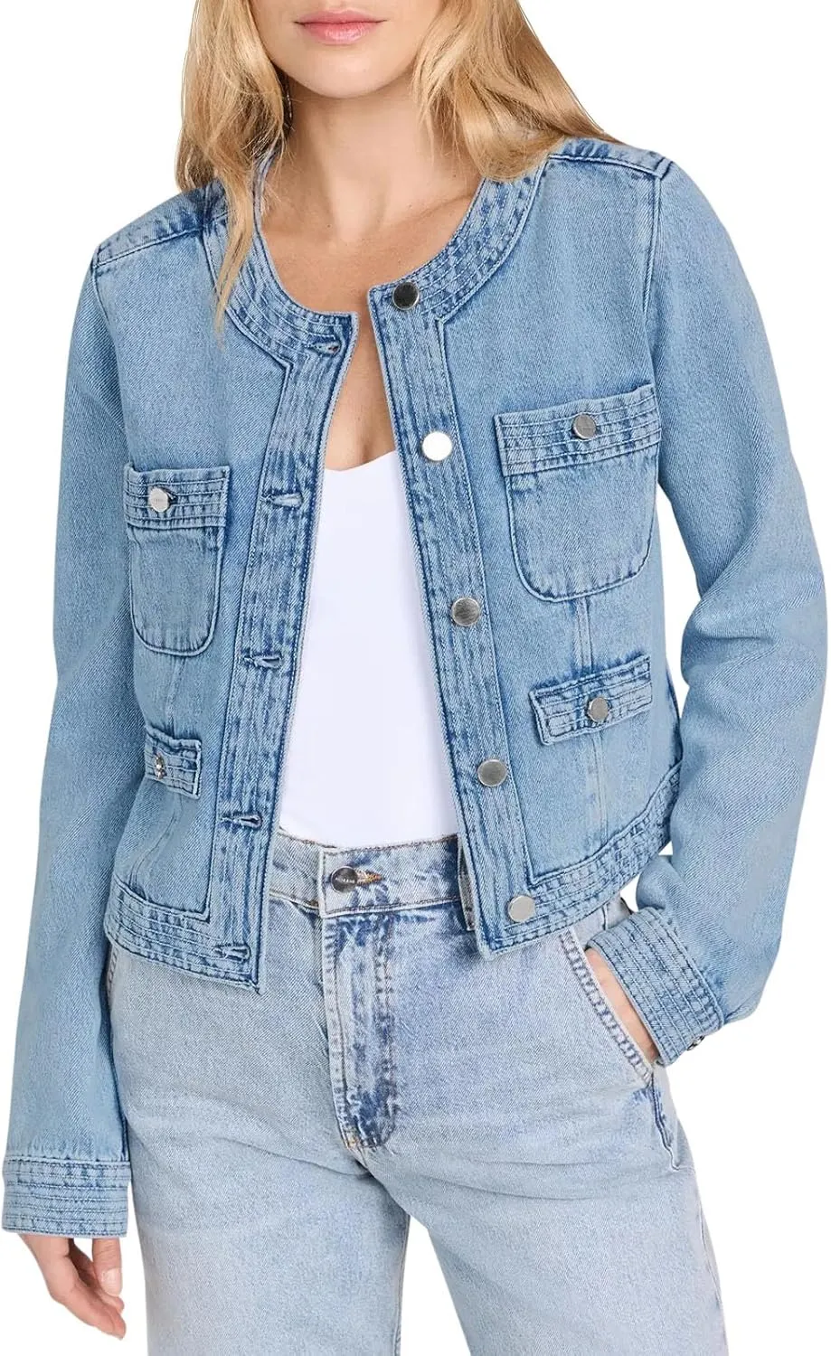 Cicy Bell Womens Cropped Denim Jackets Shirts Dressy Casual Shackets Collarless Button Down Long Sleeve Jean Coats