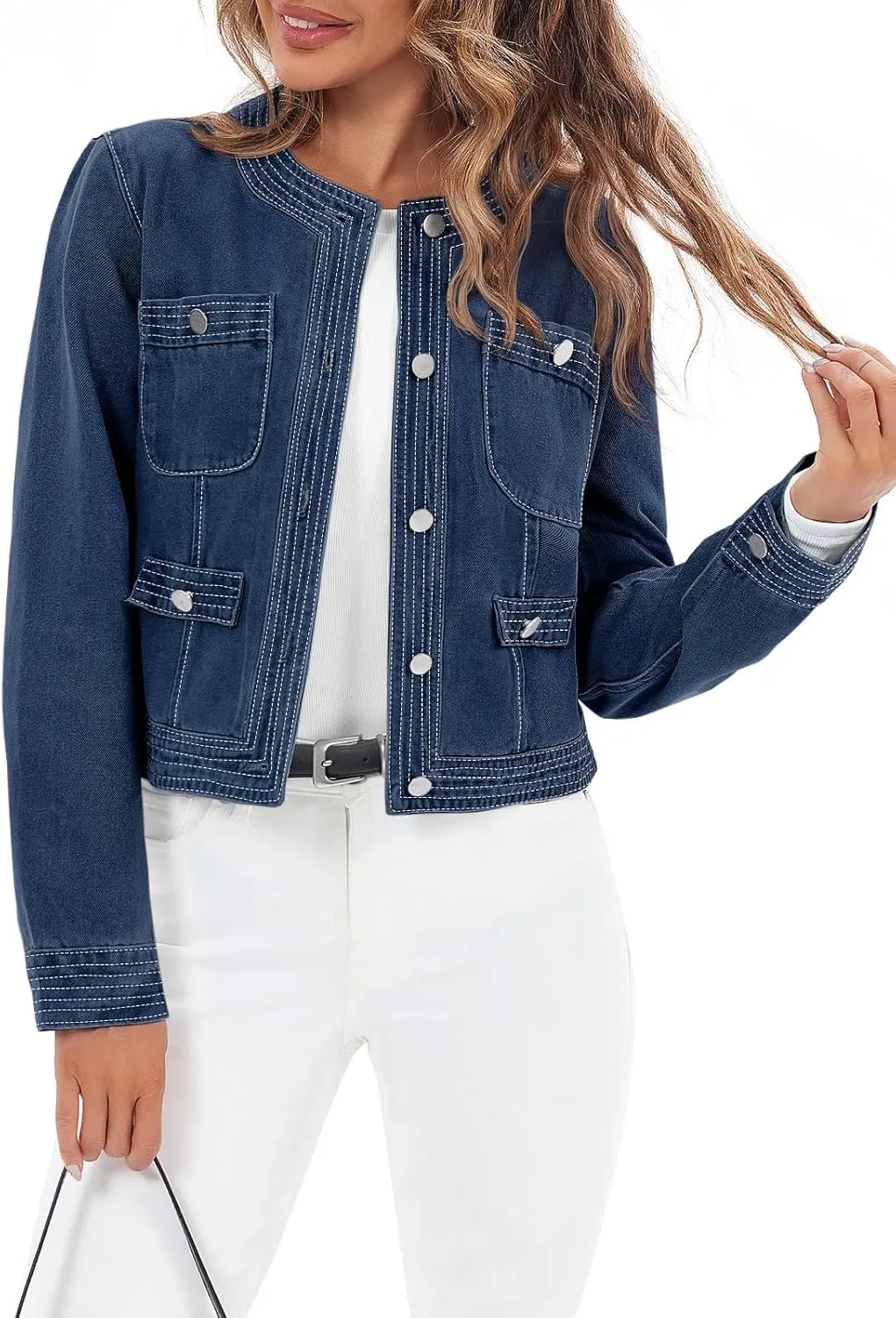 Cicy Bell Womens Cropped Denim Jackets Shirts Dressy Casual Shackets Collarless Button Down Long Sleeve Jean Coats