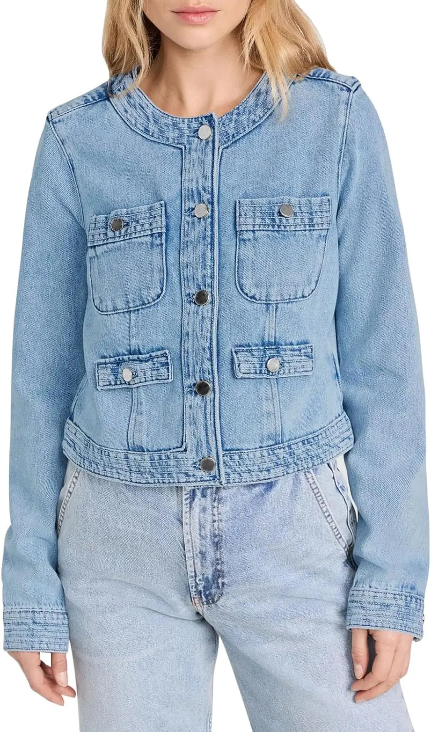 Cicy Bell Womens Cropped Denim Jackets Shirts Dressy Casual Shackets Collarless Button Down Long Sleeve Jean Coats