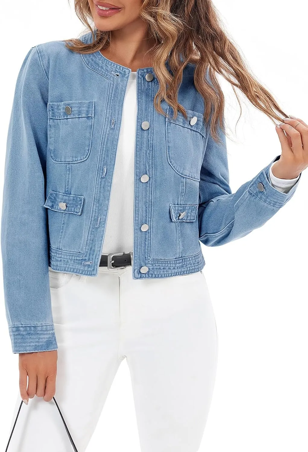 Cicy Bell Womens Cropped Denim Jackets Shirts Dressy Casual Shackets Collarless Button Down Long Sleeve Jean Coats