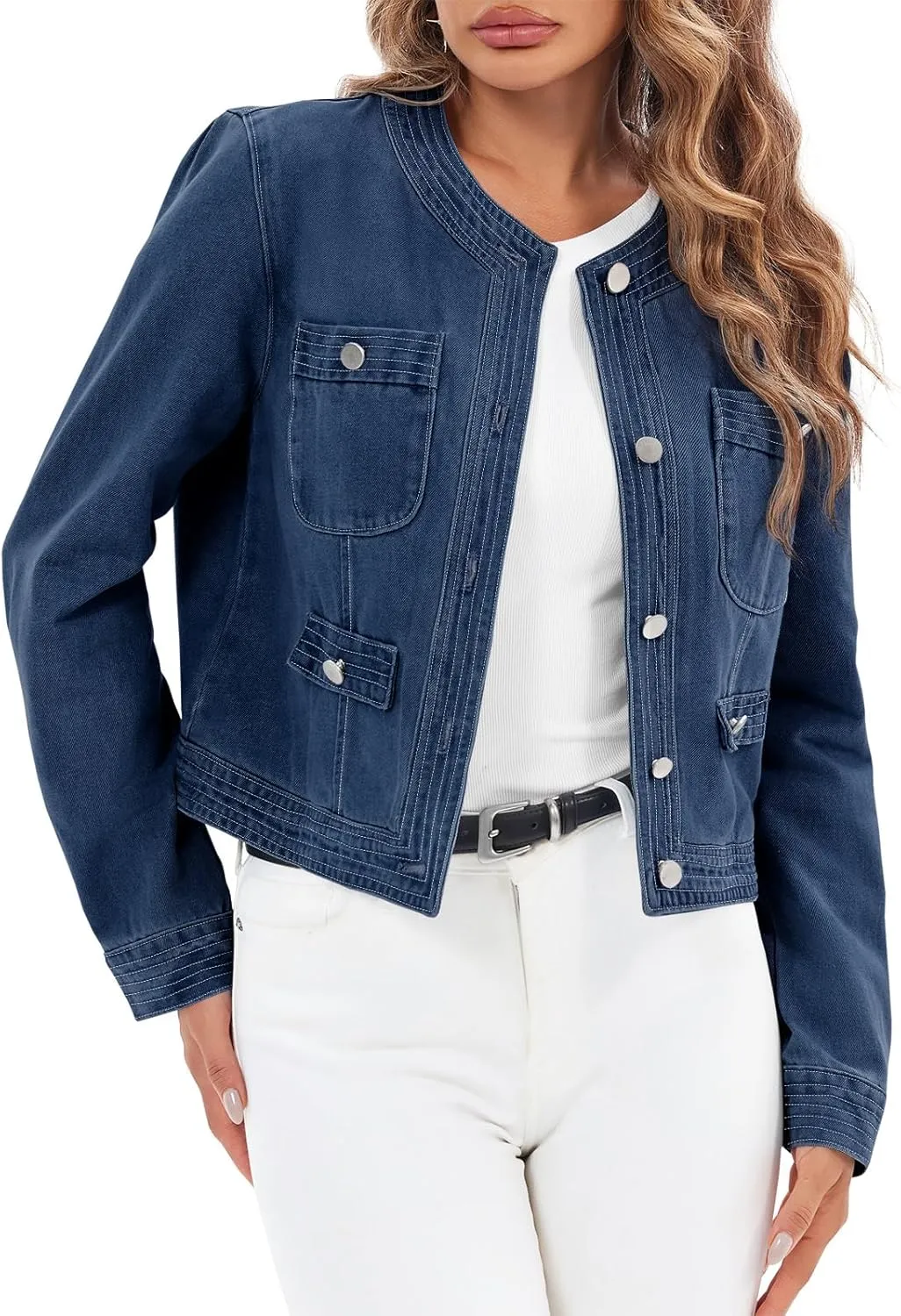 Cicy Bell Womens Cropped Denim Jackets Shirts Dressy Casual Shackets Collarless Button Down Long Sleeve Jean Coats
