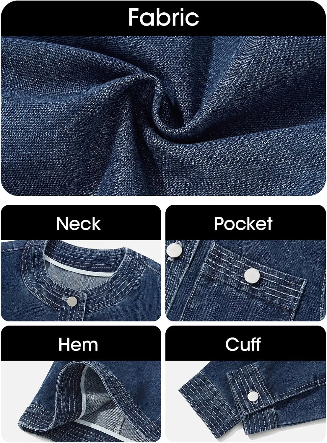 Cicy Bell Womens Cropped Denim Jackets Shirts Dressy Casual Shackets Collarless Button Down Long Sleeve Jean Coats