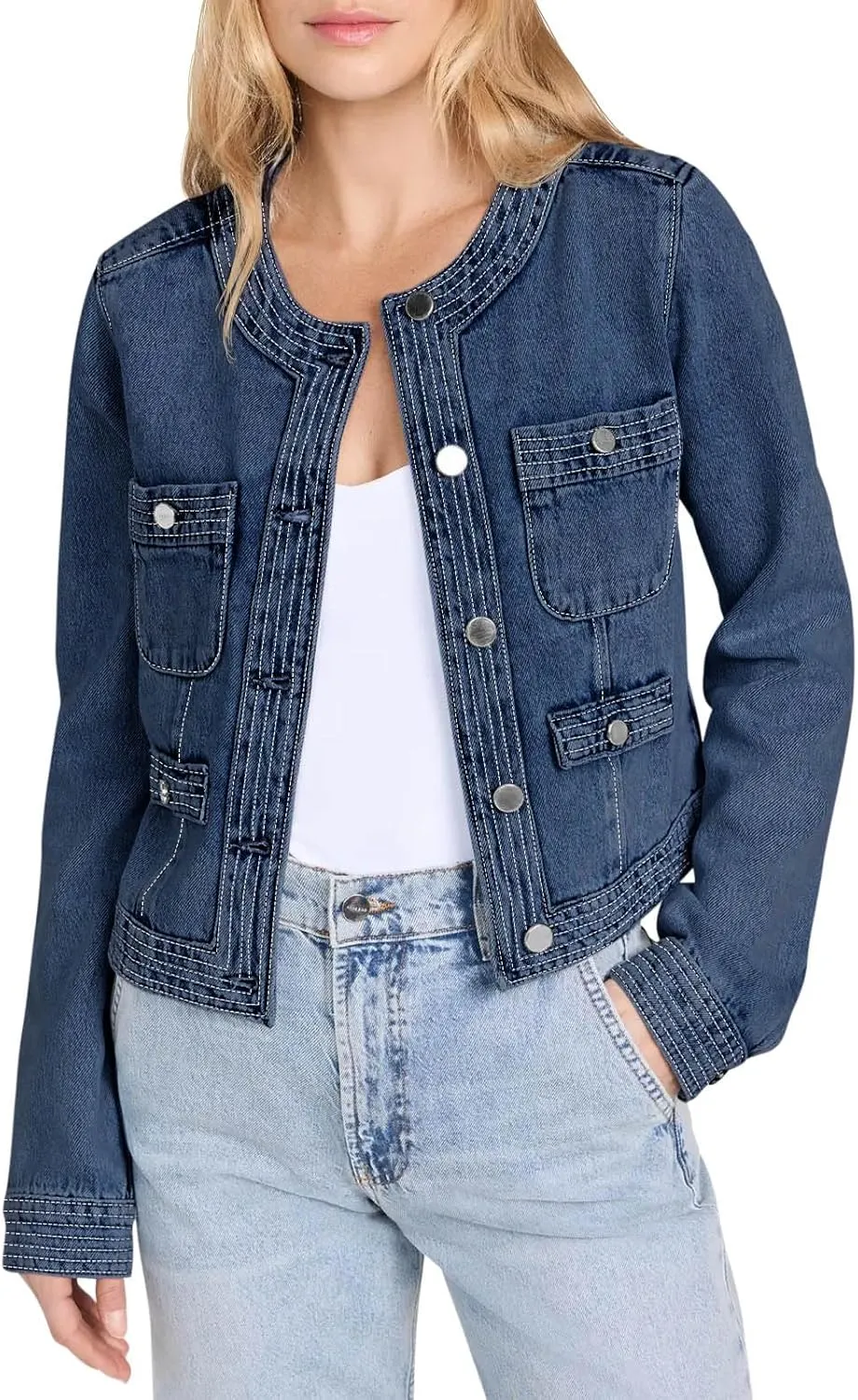Cicy Bell Womens Cropped Denim Jackets Shirts Dressy Casual Shackets Collarless Button Down Long Sleeve Jean Coats