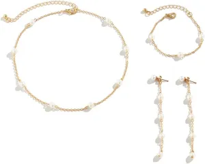 CJIAYUJEW Gold Jewelry Set for Women 14K Gold Plated Pearl Jewelry Set Adjustable Choker Necklace Bracelet Pearl Drop Earrings Wedding Jewelry for Women Gift