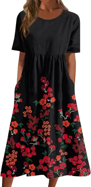 Classic Summer Long Short Sleeve Dresses for Women Active Baggy Cool Graphic Dress Cotton Pocket Pullover.