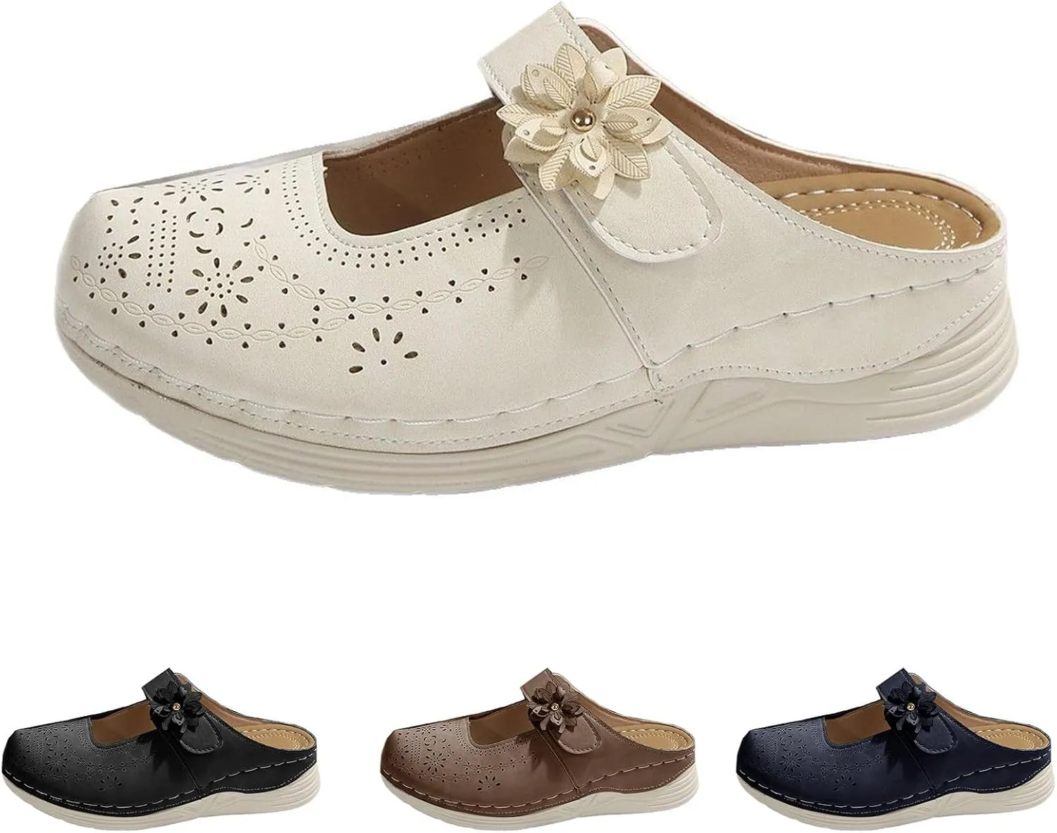 Clogs for Women Leather Comfort Mules Hollow Out Flowers Closed Toe Sandals Summer Casual Arch Support Slip On Slippers Walking Shoes