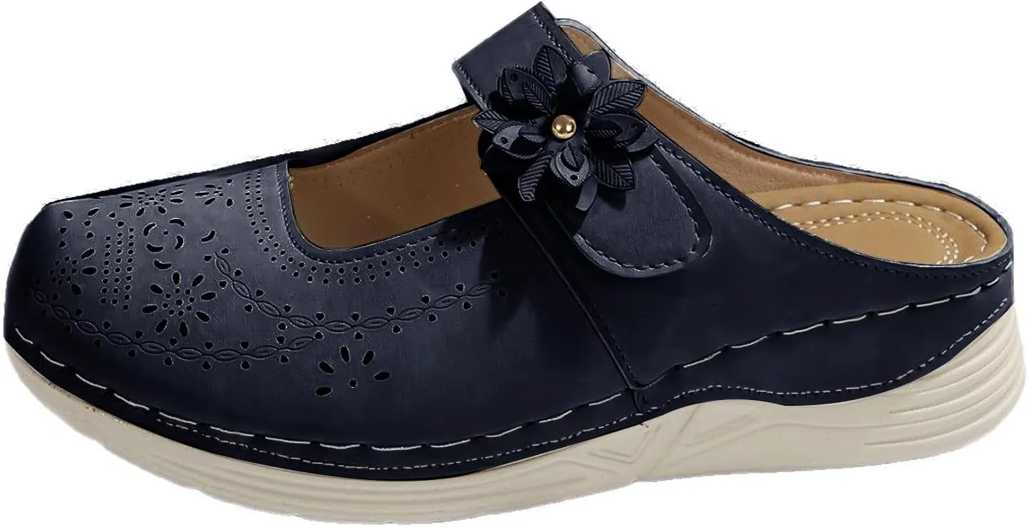 Clogs for Women Leather Comfort Mules Hollow Out Flowers Closed Toe Sandals Summer Casual Arch Support Slip On Slippers Walking Shoes