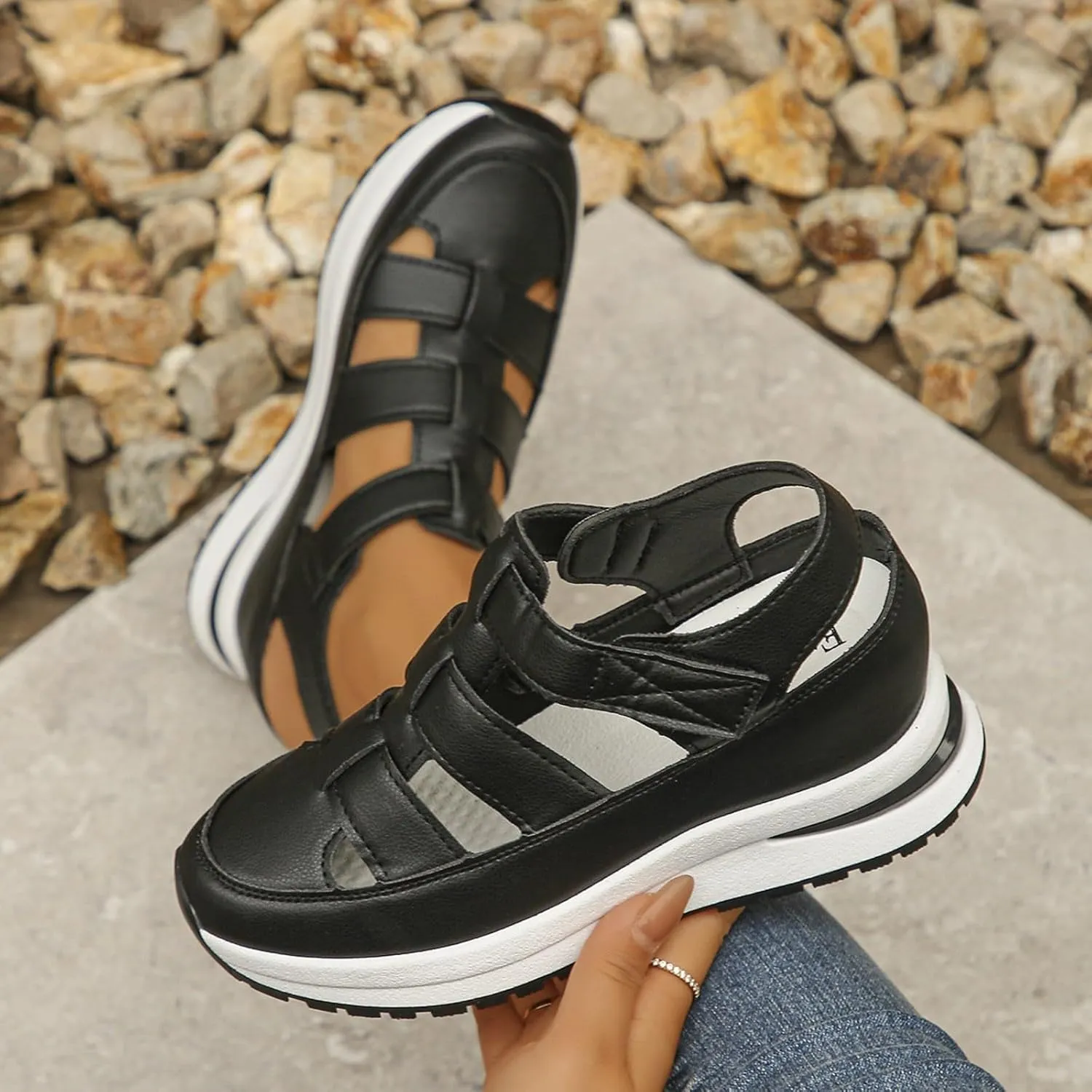 Closed Toe Platform Wedge Sandals for Women Casual Stylish Arch Support Leather Roman Sandal Summer Comfortable Orthotic Orthopedic Walking Sandals for Women
