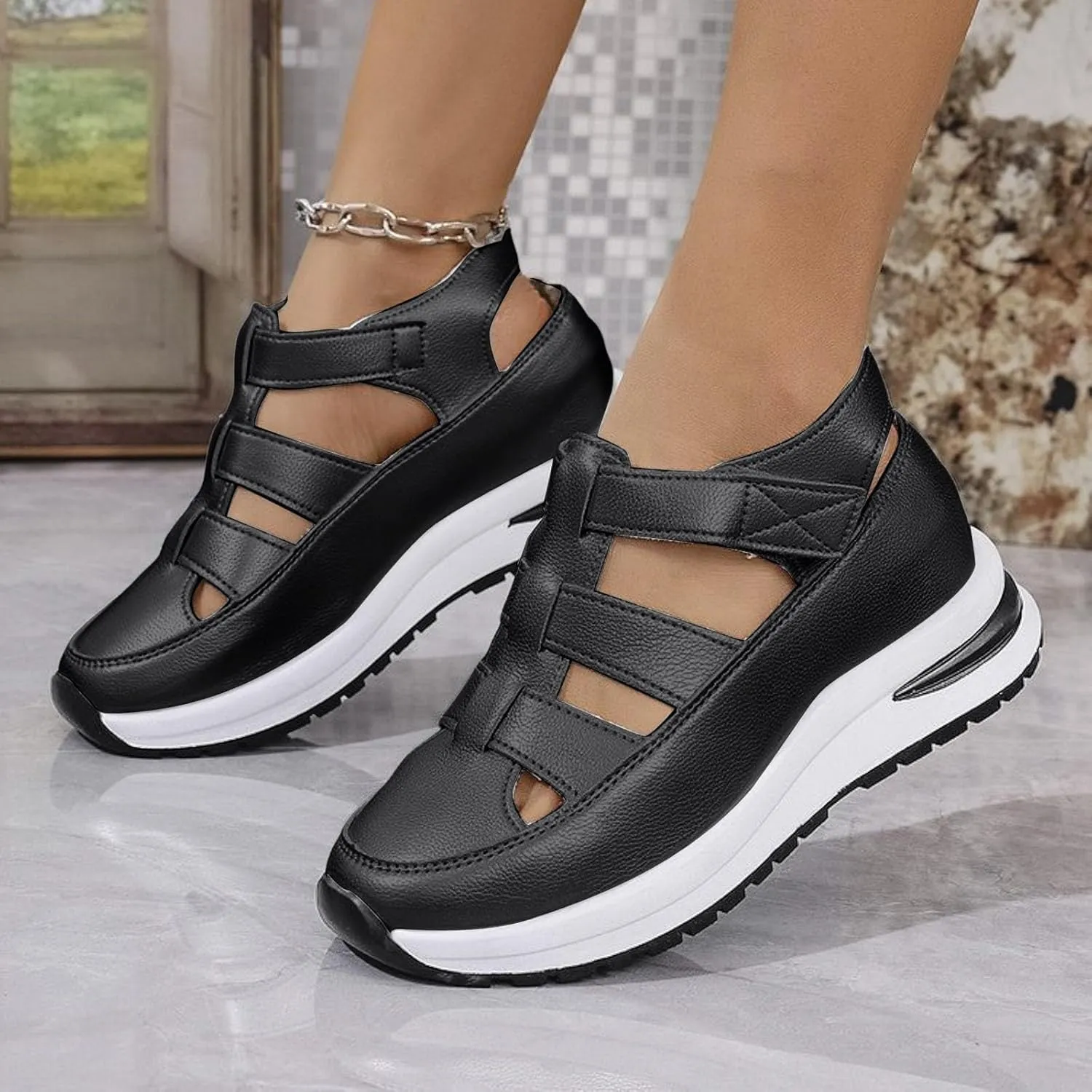 Closed Toe Platform Wedge Sandals for Women Casual Stylish Arch Support Leather Roman Sandal Summer Comfortable Orthotic Orthopedic Walking Sandals for Women